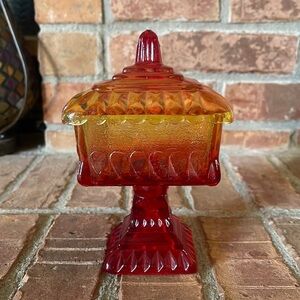 Vtg Jeannette Glass Amberina Ombre Red Orange Wedding Box
